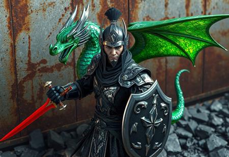 Generate a 4K, hyper-detailed image of a Senior Silver Ninja in black armor with silver metallic textures, wielding a red sword in his right hand and a shield in his left. His helmet features a plume, and his face shows regal determination. Behind him, a vibrant green dragon with iridescent scales perches on a rock, wings fully extended in a dramatic pose. The scene is set against a rusted metal wall with scattered jagged rocks, emphasizing an industrial, rugged environment.  
Apply a hybrid of Raphael’s classical aesthetics and Houdini’s dynamic motion, using Octane Render for metallic armor and Unreal Engine 5 for realistic lighting. Compose the image in isometric perspective with golden ratio alignment, placing the ninja in the center and the dragon slightly off-center. Include splash ink effects for atmospheric depth, balanced lighting to highlight the dragon’s wings and the ninja’s expression, and ensure the colors (black armor, red sword, green dragon) create a striking contrast.  
The image should convey a powerful, triumphant moment with vivid emotions, adhering to ArtstationHQ trending standards. Prioritize exceptional quality, sharp lines, and lifelike facial details.