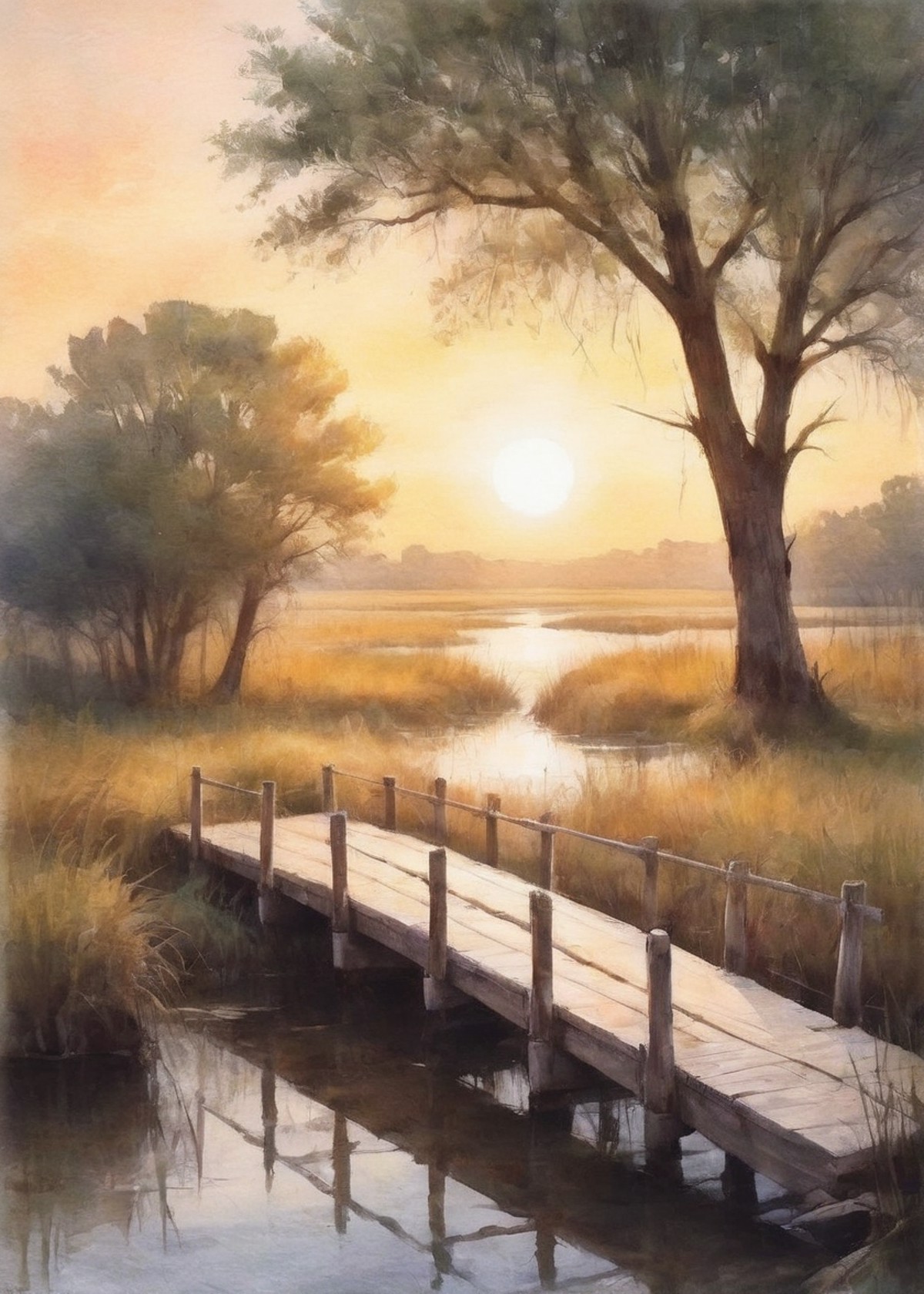 short wood bridge in a marsh luminous golden hour