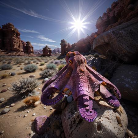 rcnz_hqr, 8ctopus, An purple octopus on a rock in the desert, sun in the sky
 <lora:8ctopus:.7>