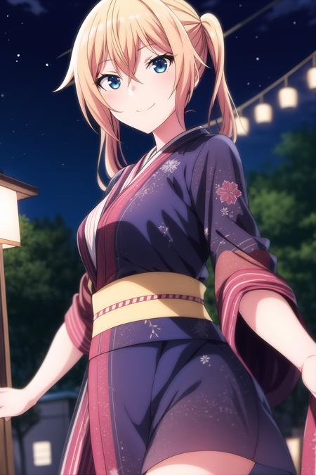 1girl, bangs, dark blue eyes, blonde hair, hair between eyes, medium hair, looking at viewer, smile, solo, twintails, homare_onishima, kimono, kimono dress, lights, festival background, night, <lora:add_detail:0.7>