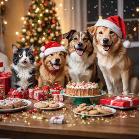 happy and excited cats and dogs in christmas party, wearing santa hat, in a home, cakes and cookies on table, Christmas decorations and gifts around, gold confetties raining in backgorund, at night, full body shot, realistic photography