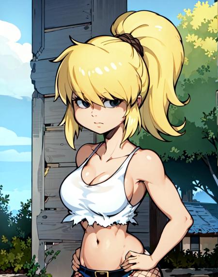 <lora:Julie_Winters_V2:.75> julie winters, white tank top, (black eyes), blonde hair, midriff, navel, torn jeans, fishnets, upper body, solo, high ponytail, outdoors, (best quality:1.2)