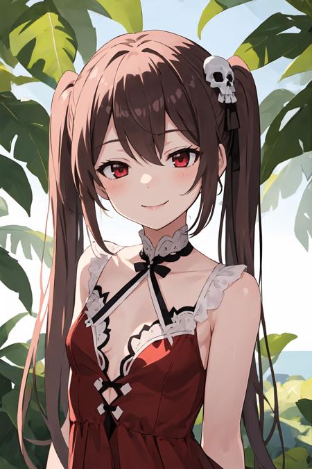 1girl, solo, henrietta (zankuro), skull hair ornament, twintails, red eyes, brown hair, long hair, small breasts, red dress, upper body, smile, half-closed eyes, looking at viewer, facing viewer, outdoors, (best quality), (detailed), soft shadows, illustration, 4k, <lora:HenriettaV2:1>