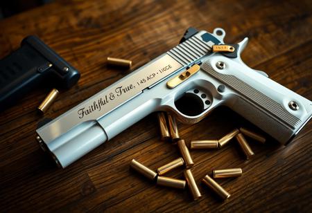 A gun is lying flat on a wooden table, it is a pure white chrome-finished Colt 1911 full-size handgun with "Faithful & True" engraved in elegant font along the slide of the pistol. The grips are beautiful pearl white, and the the gun has gold accents on all the buttons and levers. The pistol is surrounded by spare mags and several extra .45 ACP ammunition rounds littered across the table. View from above, high angle view, cinematic, weapon, indoors, signature, blurry, gun, mirror finish, chrome finish, reflections, beautiful reflections, highly detailed reflections, reflective finish, (((extreme close-up on Gun))), no humans, depth of field, blurry background, handgun, action film style, shallow depth of field, vignette, highly detailed, high budget, bokeh, cinemascope, moody, epic, gorgeous, film grain, grainy