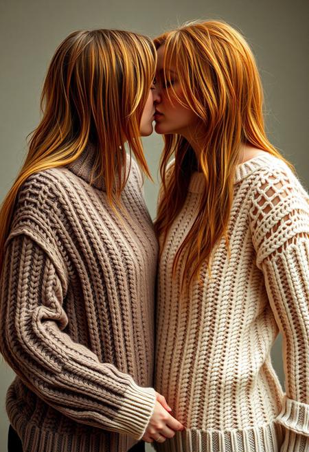Slutty ginger twin women wearing tight and skimpy fuzzy sweaters, kiss while in a wet t-shirt contest, Canon R7, subsurface scattering, DSLR,