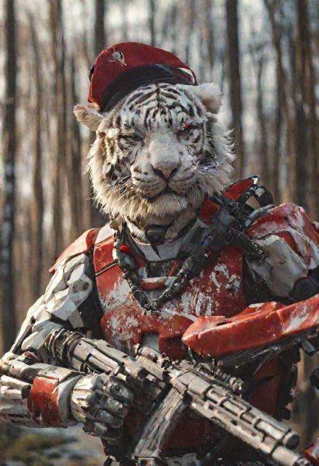 portrait, surrealistic, (bokeh:1.1), dof, awe-inspiring, majestic, overwhelming, humanoid white tiger wearing (red russian military) metal sci-fi bulky (mecha armour:1.3) and sunglasses with (red beret:1.05) is holding a big (white rifle:1.35), harsh shadows, (sun rays:1.1)