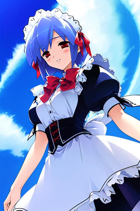 ((masterpiece, high quality, best quality)),
1girl, solo, from below, red eyes, blue hair, maid, short hair, ribbon, blush, apron, maid headdress, smile, short sleeves, puffy sleeves, looking down, looking at viewer, bow, hair ribbon, puffy short sleeves, dress, parted lips, bangs, 
<lora:gayaro-style_v1.0:0.8>