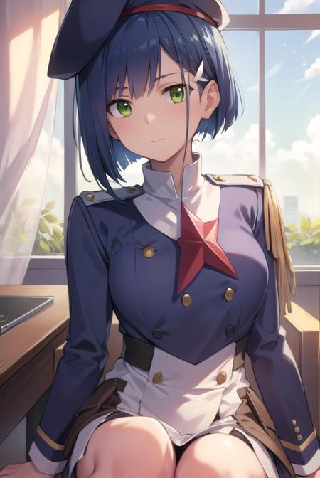 franxxichigo, <lyco:ichigo-lyco-nochekaiser:1>, 
ichigo, blue hair, (green eyes:1.5), hair ornament, hairclip, short hair,
BREAK beret, hat, military, military uniform, uniform,
BREAK looking at viewer,
BREAK indoors, classroom,
BREAK <lyco:GoodHands-beta2:1>, (masterpiece:1.2), best quality, high resolution, unity 8k wallpaper, (illustration:0.8), (beautiful detailed eyes:1.6), extremely detailed face, perfect lighting, extremely detailed CG, (perfect hands, perfect anatomy),