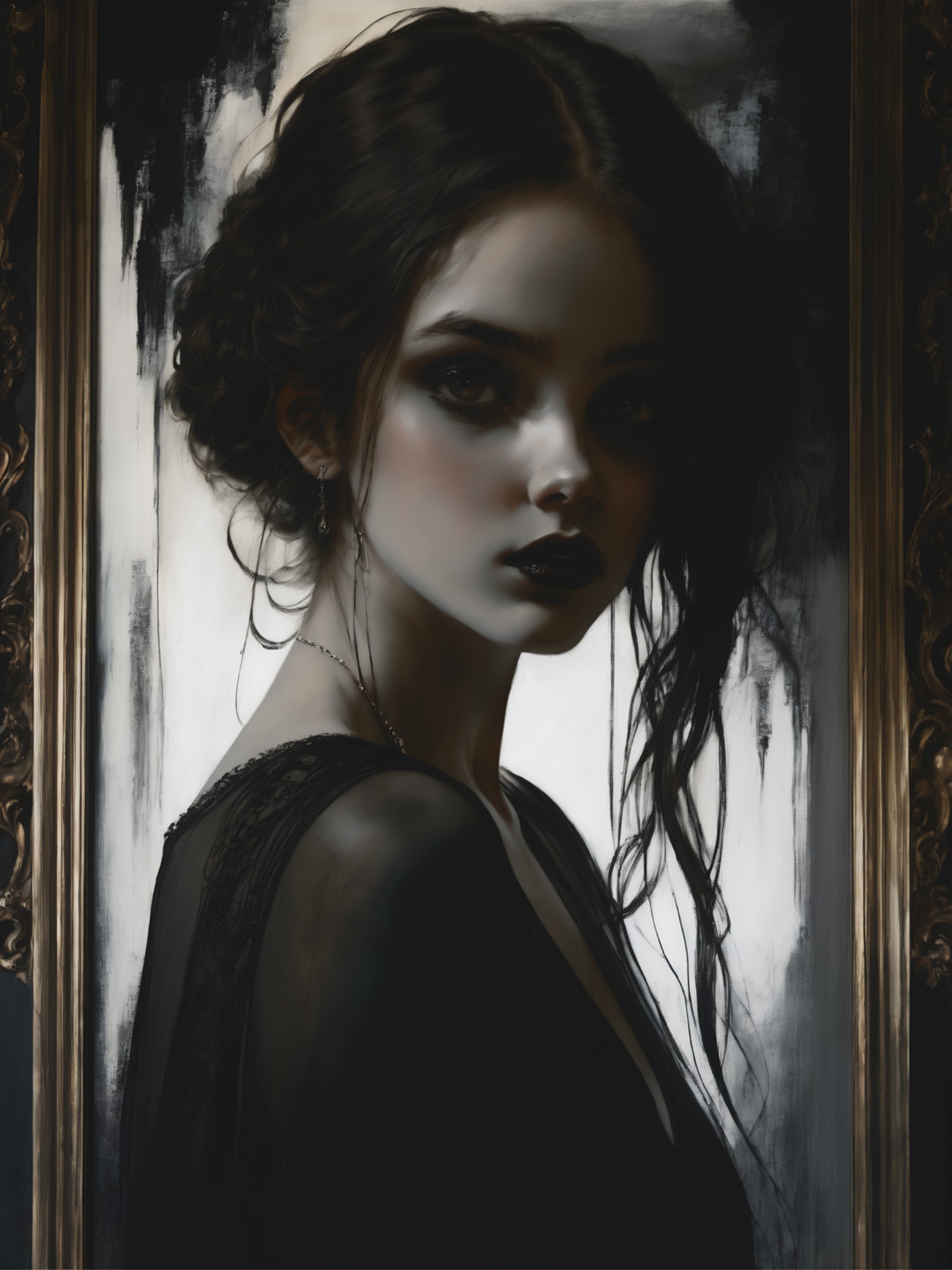 In Casey Baugh's evocative style, a Gothic girl emerges from the depths of darkness, her essence a captivating blend of my...