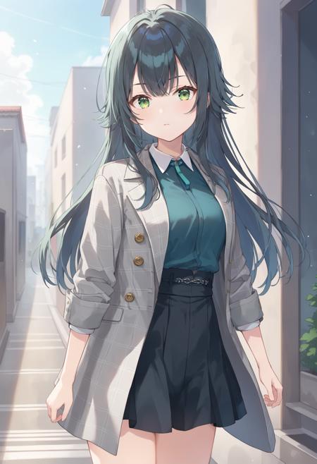 tsukimura temari, long hair, green eyes, black hair neck ribbon, grey jacket, open jacket, collared shirt, long sleeves, black skirt, pleated skirt, boots, black footwear