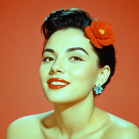 UHD, 4k, ultra detailed, cinematic, a photograph of  <lora:kodachrome xl v1:0.9>
In 1950's a cinematic Kodachrome Technicolor motion picture of a woman with a bright red lipstick and a flower in her hair, perfect image, perfect body, perfect anatomy, sharp image, detailed image, Kodak film style, high quality photography, Kodachrome style, Technicolor style, 1950's style, Technicolor Monopack style, 16mm, 8mm, Super 8 movie, 35mm movie style, film color style, cinematic photography style, analog photography style, cinematic film color style, deep color style, different character, different background, different picture, Eastman Kodak style, K-14 process style, Color slide style, film skin tone style, different color, solo, looking at viewer, smile, short hair, simple background, black hair, earrings, parted lips, mole, black eyes, eyelashes, makeup, portrait, lipstick, red background, red lips, teeth, lips, closeup, red background, epic, beautiful lighting, inpsiring