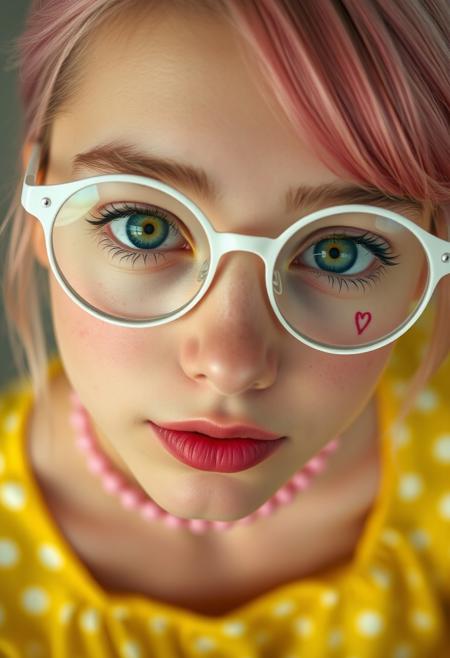 The image is a close-up, high-angle portrait of a young 18 y.o. woman with striking green eyes, in round white glasses, with a pink choker. She is looking directly up at the camera, creating a strong connection with the viewer. Her facial features are soft, and she has a natural, almost ethereal beauty with a face full of freckles that add to her youthful and fresh appearance. There are tattos, pink symbol of heart, on each cheeks. Her pink hair is styled with a side-swept fringe that partially covers her forehead, and the rest of her hair appears to be tied back or away from her face. She is wearing a yellow dress with white dots, which can be seen in the lower part of the image. The focus on her eyes and face gives the image an intimate and engaging quality, with the high resolution capturing every detail of her skin and expression. The background is softly, emphasizing her face as the central point of the image. The overall feel of the image is delicate, natural, and photorealistic, capturing the subject's innocence and charm.