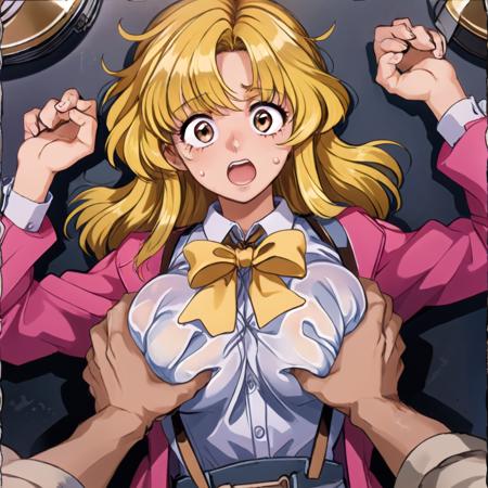 best quality, upper body, breast focus, pov, pov hands, (grabbing another's breasts),
 1lady, blonde hair, wavy hair, long hair, bouncing hair, brown eyes, pink jacket, white shirt, bow, suspenders, large breasts, looking at breasts, standing, surprised, hands up, breast press, on back, flying sweat drop, perfect hands, 
<lora:hifi_v10:1> 
<lora:NonomuraHospitalStyle:0.7> 
<lora:eye-shihaku:0.5> <lora:envybetterhandsLocon_beta2:1>