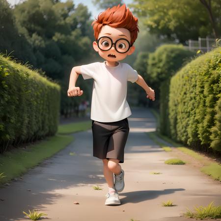 ((masterpiece, best quality)),(complex light), 1boy, full body, solo,child, sherman,red hair,glasses, <lora:sherman_mr_peabody1-10:0.6>,white shirt, black shorts, running, forest,