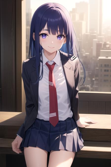 ((masterpiece)),(best quality),official art,extremely detailed CG,unity 8k wallpaper,ultra detailed,beautiful detailed eyes,extremely detailed face,1girl,solo,cowboy shot,looking at viewer,facing viewer,smile,furude rika,long hair,blue hair,violet eyes,hime cut,sidelocks,blunt bangs,eyebrows visible through hair,st. lucia academy school uniform,blazer,grey jacket,collared shirt,white shirt,red necktie,medium breasts,blue skirt,pleated skirt,white socks,loafers,<lora:Furude Rika(hnnk)>,