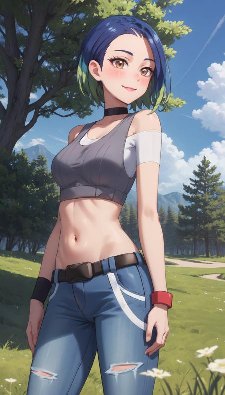 cinematic lighting, <lyco:lighting_loha:0.2>, masterpiece, cowboy shot, blush, eyelashes,
BREAK  Perrin, 1girl, solo, navel, crop top, torn pants, midriff, belt, choker, shirt, jeans, standing, looking at viewer, light smile, wristbands
meadow, trees, grass, blue sky, clouds,