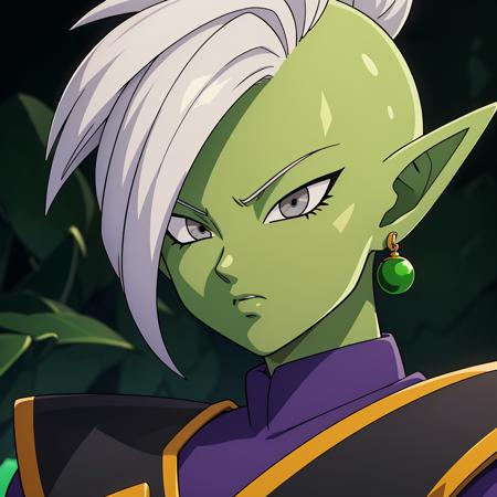 Best_QualityPos, RAW photo, intricate details, best quality, 8k uhd, soft lighting, 1boy, solo, colored skin, green skin, mohawk, white hair, grey eyes, single earring, green earring  <lora:Zamasu:0.6>