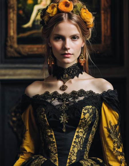Gothic style <lora:Didier Mouron CLIP Fashion-000005:1>,inspired by Berthe Morisot,Didier Mouron,dress,fashion,, Happiness theme, yellow, (orange:0.6), (pink:0.3), (bright green:0.3), smiling, (bright eyes, relaxed face, open posture:0.6), . Dark, mysterious, haunting, dramatic, ornate, detailed