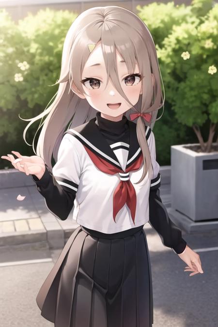 masterpiece, best quality, <lora:mikage_sakurako:0.7> mikage_sakurako, 1girl, solo, brown eyes, brown hair, long hair, hair between eyes, hair ribbon, hairclip, long hair, serafuku, black sailor collar, red neckerchief, black skirt, pleated skirt, smile, open mouth, sunlight, outdoors, cherry blossoms, turtleneck, black sleeves,