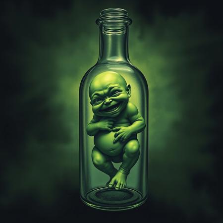 Dark and ominous artwork featuring an old fashioned bottle containing a green oversized hideous deformed smiling fetus squished inside the small bottle, obscure art, artstation, weird art, occult art, splash art, goth, grotesque, disgusting, shock value, photography, stoner doom, green hue, coverart