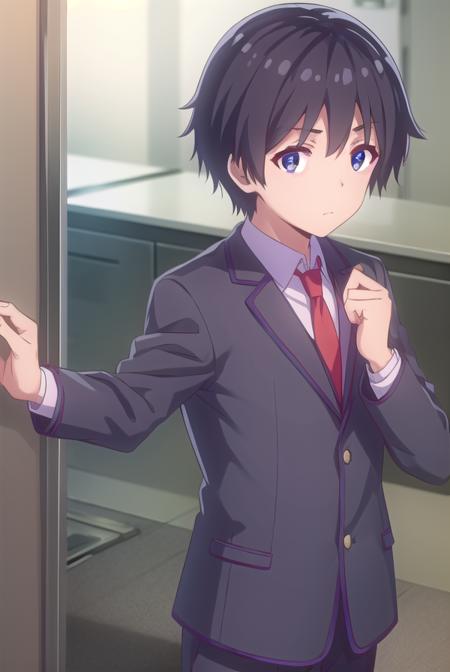 keikikiryuu, <lora:keiki kiryuu s1-lora-nochekaiser:1>,
keiki kiryuu, black hair, (black eyes:1.3), male focus,
BREAK school uniform, jacket, necktie, shoes, pants, red necktie,
BREAK indoors, classroom,
BREAK looking at viewer,
BREAK <lyco:GoodHands-beta2:1>, (masterpiece:1.2), best quality, high resolution, unity 8k wallpaper, (illustration:0.8), (beautiful detailed eyes:1.6), extremely detailed face, perfect lighting, extremely detailed CG, (perfect hands, perfect anatomy),