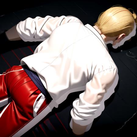 absurdres, highres, ultra detailed, photo realistic, solo, face down, on stomach, afloat, back, water, lake, cowboy shot, 
GeeseHoward, 45.y.o., (muscular, manly), white kimono jacket, (red pants, red hakama:1.2), 
<lora:mission_complete_v011:1> <lora:envybetterhandsLocon_beta2:1><lora:GeeseHowardV2:1>