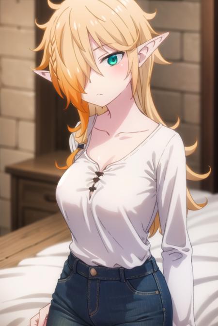 reviewerzel, <lora:reviewer zel female s1-lora-nochekaiser:1>,
zel, long hair, blonde hair, (green eyes:1.3), pointy ears, (hair over one eye:1.5), elf,
BREAK shirt, long sleeves, pants, denim, jeans, (white shirt:1.5), collarbone,
BREAK indoors, bed,
BREAK looking at viewer, (cowboy shot:1.5),
BREAK <lyco:GoodHands-beta2:1>, (masterpiece:1.2), best quality, high resolution, unity 8k wallpaper, (illustration:0.8), (beautiful detailed eyes:1.6), extremely detailed face, perfect lighting, extremely detailed CG, (perfect hands, perfect anatomy),