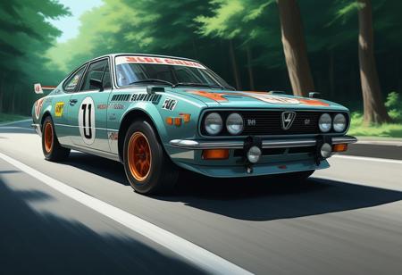 (studio ghibli digital drawing), best quality, masterpiece, extremely detailed,  professional  art,  professional painting, an extremely delicate and beautiful, dynamic,  great lighting, perfect shading, professional shading, depth of field,   side soft light, elegant, gorgeous, highly detailed,   full shot, uncropped,   pure genious, absolutely perfect,  highly detailed, breathtaking, rally car, powerful and fast, retro futuristic, speeding around a corner, one side slighty off ground,