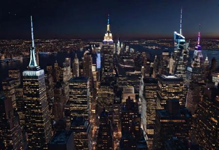 Sky liner view at Night over new York, from a luxory Office, high quality, UHD, realistic, 8K