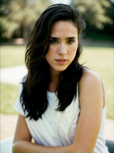 Realistic photo of a beautiful j3nn1f3rc-v2 woman,  1girl, solo, long hair, looking at viewer, black hair,shirt, bare shoulders, upper body, white shirt, lips, crossed arms, realistic, soft lighting, professional Photography, Photorealistic, detailed, RAW, analog, sharp focus, 8k, HD, high quality, masterpiece<lora:j3nn1f3rc-v2:1.0>