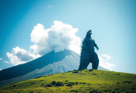 3d,,photorial,photo,grey volcanic eruption cloud, 
Mt. Aso, Kusasenri, green grassland,landscape,summer,blue sky,The volcano is erupting,Outer mountain, (smoke:1.4),,A giant godzilla standing on the mountain,from below