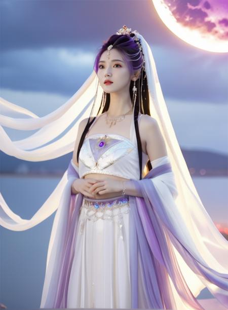 best quality, masterpiece, HD, Ultra realistic, CG, 8K, 32K, ray tracing, light, vibrant colors, break, upper body, china goddess, abstract background, cloud, energy, thunder, colorful, white clothes, bare shoulder ,white dress, veil, shawl sky, long hair, straight hair, purple hair, see-through, diamond jewelly, diamond, light, slash, wave, fire, navel, midriff, break, night, red moon, blood
<lora:sdxl_chinagoddess-000001:0.65>