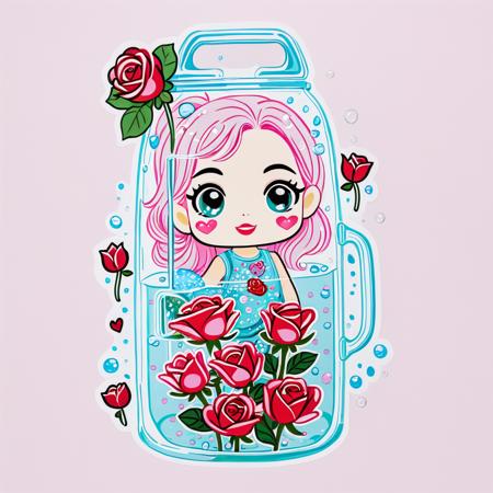 a cute 1girl is wearing a glass backpack filled with roses in the water with sequins and giggles, cold colors, simple background, cutestickers, (sticker:1.4), art, (big fat stroke:1.2), cute comic, minimalistic, ohwx style