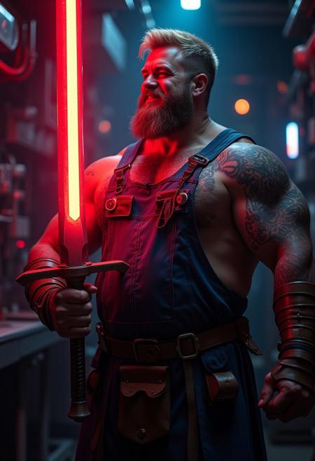 cyberpunk, extremel detailed raw nighttime night photograph, character in dark shadows neonlit rimlight,  arthouse romance film scene, cinematic atmosphere dark gloomy atmosphere, hyperrealistic digital rennaissance oil painting, by gengoroh tagame and jiraiya and goh fujimoto, dark room at night, german bavarian mature manly hairy musclechub man, huge muscular steroid arms, tanned sweaty oiled skin, big hairy belly, very hairy body, detailed bodyhair, blonde brown short hair, in evil scifi hypermodern science lab full of advanced machinery, he is holding a large  glowing  red zweihander claymore sword that emits strong magic energy, dark purple and orange neonlights, he exudes a powerful dark aura, he is wearing a dark blue fullbody overall with suspenders and a toolbelt with many leather pockets, brown leather bracers, scottish kilt, heavy metal rock musci vibes, looking at the viewer with a shy cute loving caring expression, gentle smile