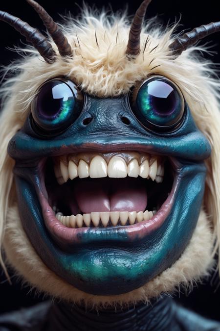 portrait of a beetle monster, human smile, human teeth,galaxy eyes, lips, blonde fur on head
