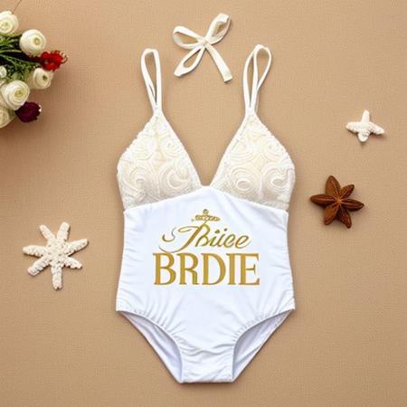 One-piece white swimsuit with a golden writing "BRIDE"