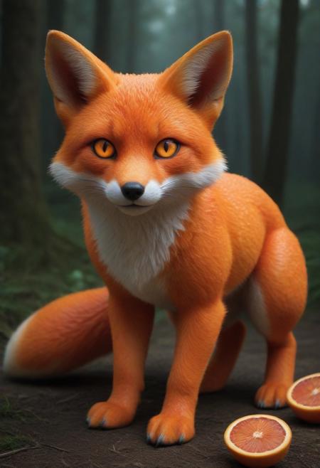 a surreal fox with textured blood orange peel fur, glowing eyes like citrus pulp, tail shaped like orange segments, fantasy creature design, highly detailed, magical forest setting, cinematic lighting, vibrant colors, mystical animal portrait, taste blood orange style, orange peel texture, fruit-fur hybrid, glowing citrus eyes, pulp glow, fantasy mutation, citrus creature