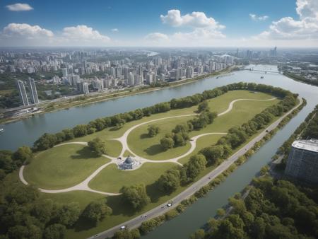 <lora:JJsBirdviewArchiSite_XL:1>,((Birdview Archi Site)) , ((best quality)),((masterpiece)),((realistic)), outdoors, cloud, blue sky, no humans, building, scenery, city, cityscape, skyscraper,  center composition, park,  car, tree, grass, lawn,  river,  boat,