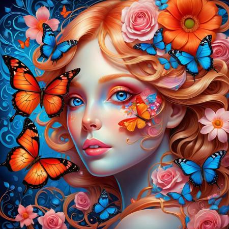 A highly detailed and vibrant digital painting of a woman's face with striking blue eyes, surrounded by an intricate and colorful array of flowers and swirling patterns. The woman's hair blends seamlessly with the floral designs, featuring roses, daisies, and other blooming flowers in various shades of pink, blue, and orange. A large, vivid butterfly with orange and red wings rests on the side of her face, adding to the ethereal and magical quality of the image. The overall style is a fusion of fantasy and realism, with a focus on rich textures, vivid colors, and intricate details