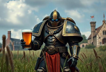 In the picturesque setting of Merry England, a grand, golden ratio-inspired Space Marine stands in the grass, dressed for a fancy occasion with a bloody fist in sight. Crafted in 2019, this Deathwing armor-clad hero holds a large glass of beer, blending historical England with futuristic techwear. Enhance this captivating scene with hyperrealism, 8K resolution, intricate details, iridescent accents, and a cinematic, gritty atmosphere. Consider the styles of Scott Campbell, Ilya Kuvshinov, Artgerm, Jeremy Lipkin, and Michael Garmash for this striking piece.
