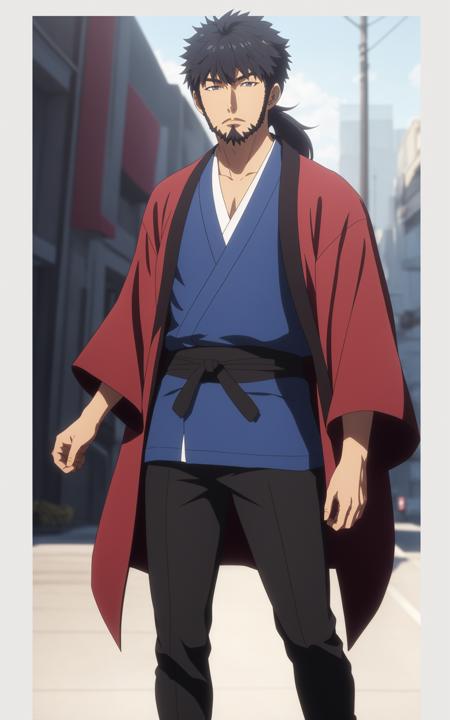 kyma, a man, tanned skin, short spiky black hair, short ponytail, sideburns, small beard with a goatee, red happi festival coat, blue gi, black and gray-striped obi sash, black pants, sandals with black socks and blue straps, dancing, 8k, Unreal Engine 5, octane render, by seunghee lee, Jang Tae-Hwan, Chocofing R, seungho lee, trending on pixiv, fanbox, skeb, masterpiece, smooth soft skin, big dreamy eyes, beautiful intricate colored hair, symmetrical, anime wide eyes, soft lighting, concept art, digital painting, <lora:kyma:0.4>