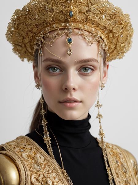 ancient russian traditional headwear with speakers), kks_f4n [glowing] cyborg style (cables), cyberpunk mechanical parts, golden mechanical limbs, science fiction, glass parts, (fashion speakers design), balenciaga, (cyberhelmet:0.4)), (slavic fantasy) cinematic composition, f/1.4, close up film photo, magenta long, gold eyes, exotic jewelry, elegant pose, atmospheric lighting, party mood 
<lora:kks-fan_epoch_10:0.5>