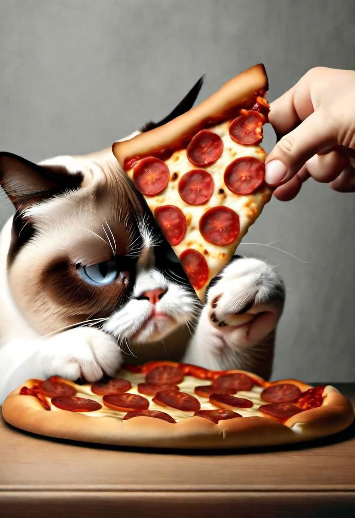 Photo of a sad grumpy cat trying to reach for a slice of pizza