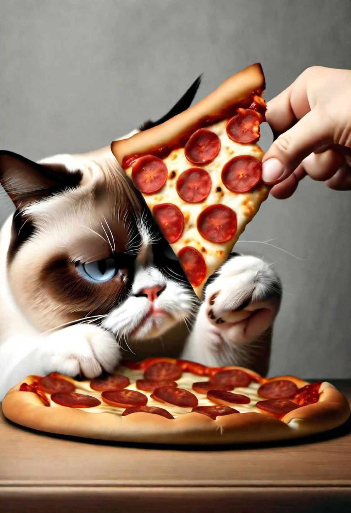 A cat and a slice of pizza - A humorous image of a cat and a slice of pizza.