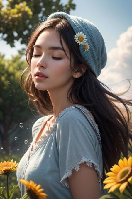 The image depicts a woman with her eyes closed, surrounded by a multitude of flowers. Her face is turned upwards towards the sky, creating a sense of calm and peace. Flowers of different species and colours, including daisies and other wildflowers, wrap around her head and shoulders, blending into a background of blue sky with fluffy clouds. Drops of water can be seen on her skin, giving the scene a freshness and feeling of recent rain or dew. The general atmosphere of the image is the harmony of man with nature, spring renewal and joy of life.
Full Photography Photography Photography is professional in style. bright lighting,vivid colour scheme bright colour,detailed high detail style,majestic,photorealistic,HD,8k close-up 4K cinematic light,hyper-realistic,photorealism,light-detail