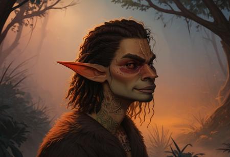 masculine, bosmer man, fit body, small dinosaurs, random face, colorful skin, pale yellow skin, strong jawline, angular facial features, stubble, ugly, asymmetrical features, wide nose, fur mantle, rough leather clothes, bone spear, male, beard, facial hair, muscular, archer's physique, joking demeanor, slightly pointed ears, pinned back ears, long face, very short ears, curved ears, scalloped ears, short ears, firbolg nose, uncanny features, snake nose, reptilian nose, realistic, long face, bosmer, alien, elongated head, flat nasal ridge, elongated skull, bony nose, slit nostrils, aquiline features, medium body hair, dunmer, creature, bony dermal ridges, rough complexion, body tattoos, native american tattoos, chiseled features, athletic build, weathered skin, large nose, animated realism, zoomed out, Inuit features, sage colored skin, pale skin, copper and jade clothes, dark orange sclera, saurian pupils, horizontal pupils, cuttlefish eyes, narrow eyes, dark red pupils, very slanted eyes, squinted eyes, double lidded eyes, eye membrane, slanted brows, bony brows, highly detailed, defined features, looking at viewer, from side, full body, zoomed out, dynamic lighting, 29 years old, light and shadows, jovial expression, expressive eyes, smiling, laughing, Native American pattern leather clothes, medium hair, elegant hairstyle, tribal hair, wavy hair, thick hair, braided hair, wild cut hair, semirealistic, alien elf, mongolian features, slavic features, aztec features, vibrant hair, colorful hair, sharp features, high detail, absurdres, intense eyes, detailed eyes, dark orange eyes, paleolithic clothes, Crowded village, dense redwood forest, intricate fur tents, bone furniture, masterpiece, Vilontrebramb, tree, outdoors, scenery, tree houses, elegant architecture