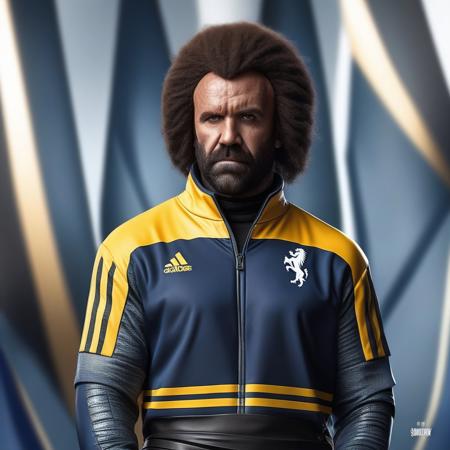 SandorClegane1024, half body, afro hairstyle, Sporty tracksuit with bold stripes and pop-color accents, detailed eyes, photography, trending on artstation, sharp focus, studio photo, intricate details, highly detailed, by greg rutkowski   <lora:SandorClegane1024-000067:0.8>