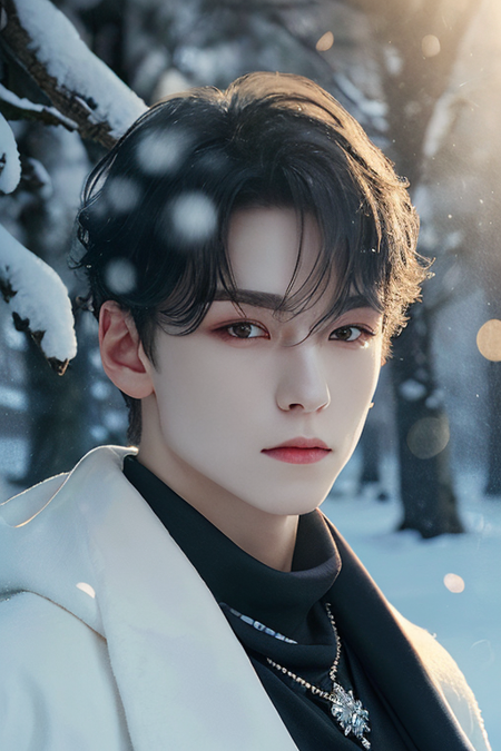 1boy,(close-up:1.4),(winter ,snowy:1.2),(RAW photo:1.2), (photorealistic:1.4),(masterpiece:1.3),(best quality,1boy:1.4), dreamlike, (detailed eyes),(detailed facial features), (detailed clothes features) solo, cute,closed mouth, (medium breasts), black hair, black eyes, crystal pendant, Long blue scarf,White long wool coat,(detailed face), grunge,(high detailed skin:1.2),soft lighting, high quality,