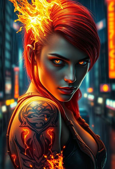 young woman, long red hair, undercut, glowing beautiful eyes, X-ray, muscular figure, tattooed arms, wearing costume, evil gaze eyes, looking at you, realistic fire, rain drop, Hyperrealistic, splash art, concept art, intricately detailed, color depth, dramatic, 2/3 face angle, side light, colorful background city, at night Epic cinematic brilliant stunning intricate meticulously detailed dramatic atmospheric maximalist digital matte painting,