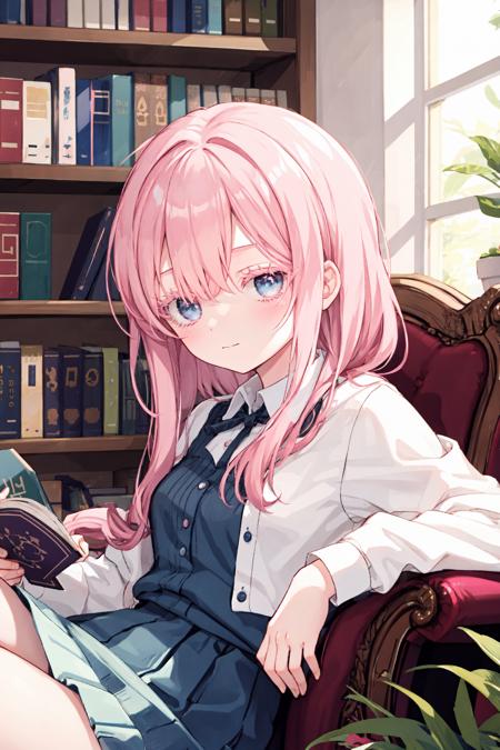 upper body, 
1girl, pink hair, (colored eyelashes, pink eyelashes:1.2), sleepy, faint smile, (smile:0.8), closed mouth, head down, sitting on armchair, looking at viewer, hand on own knee, book on knee, 
indoor, bookshelf, 
 <lora:colored_eyelashes000:1>,  